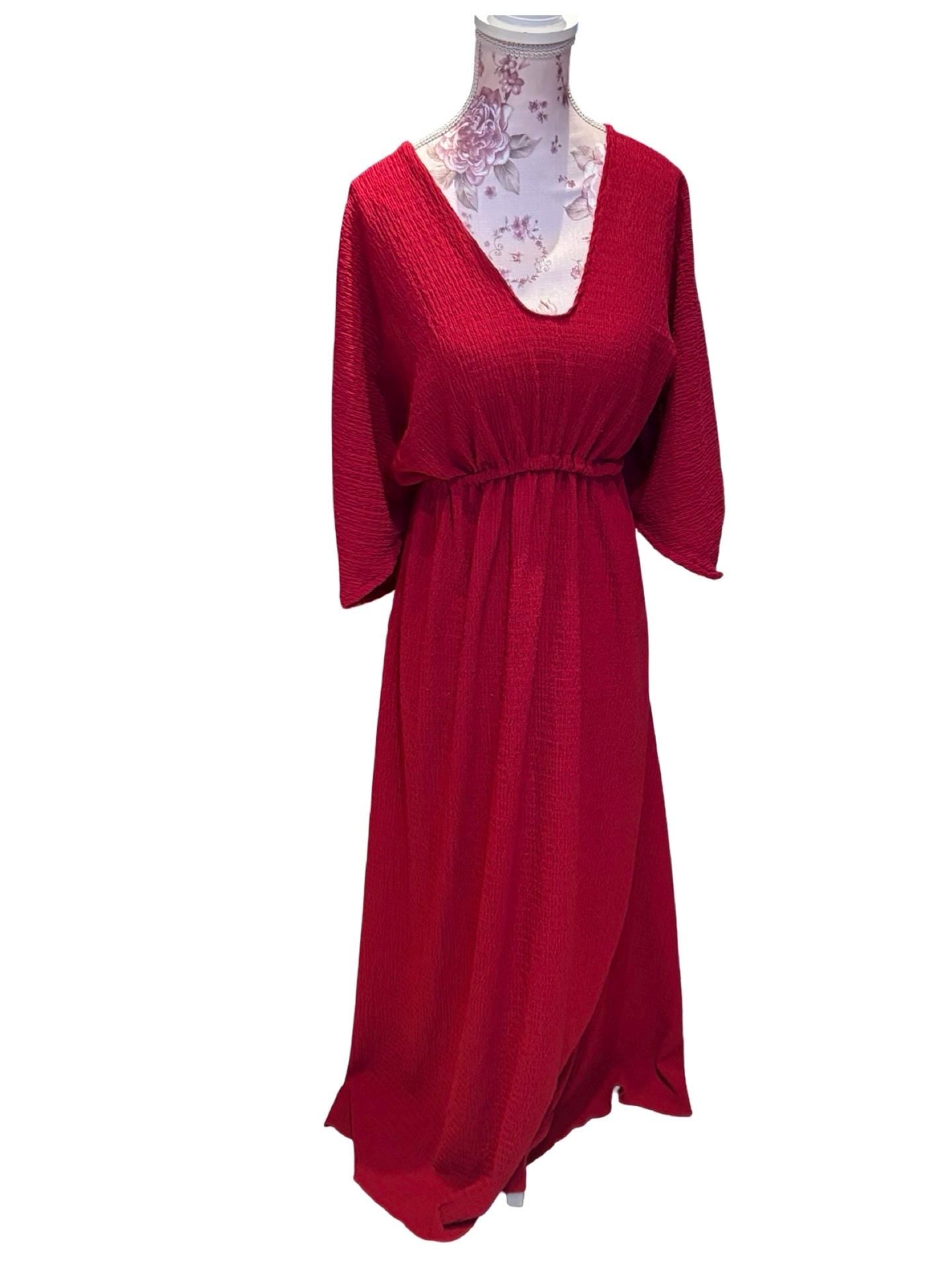 Empire Waist Dress | v neck goddess Dress in Red | crinkle knit | Ankle length flowing dress | boho summer valentine dress
