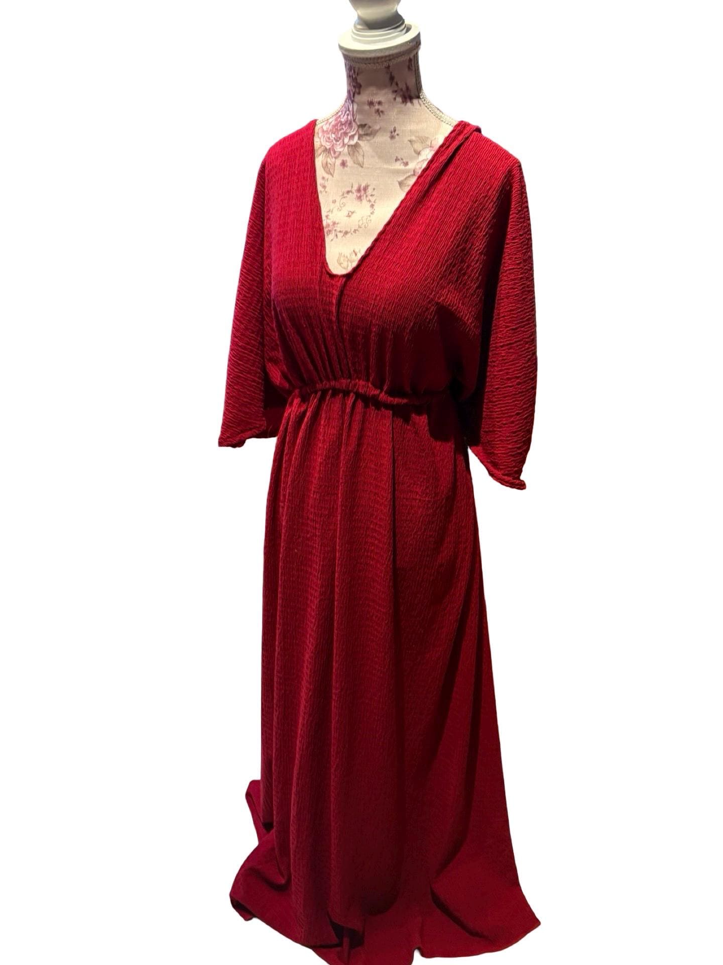 Empire Waist Dress | v neck goddess Dress in Red | crinkle knit | Ankle length flowing dress | boho summer valentine dress