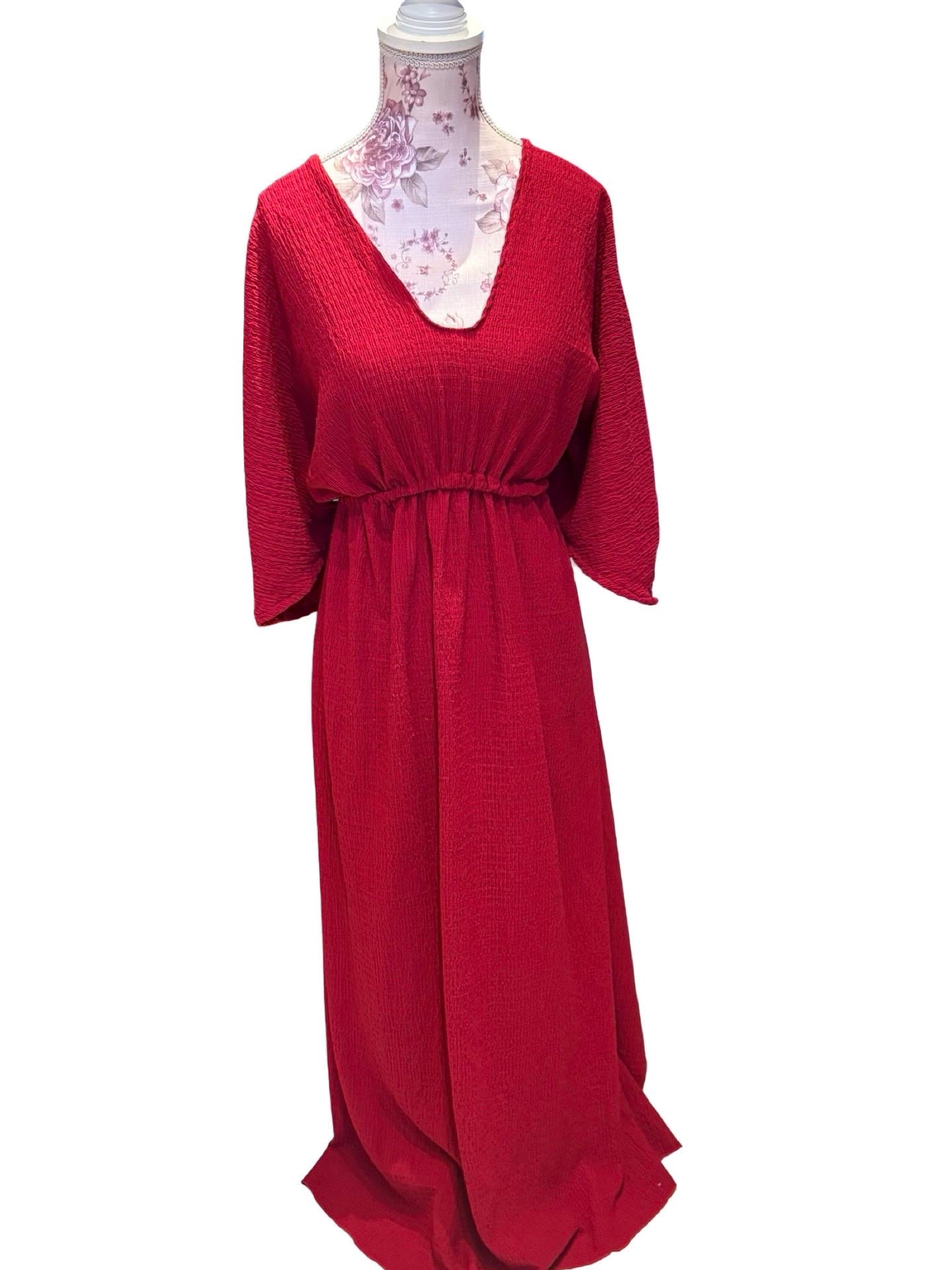 Empire Waist Dress | v neck goddess Dress in Red | crinkle knit | Ankle length flowing dress | boho summer valentine dress