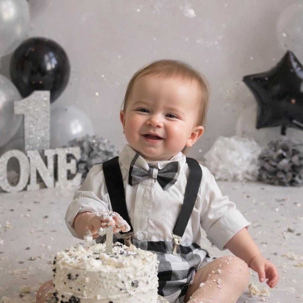 Cake Smash Outfit Boy Buffalo Plaid Set or Buy the Piece Diaper Cover Bow Tie Suspenders Boys First 1st Birthday Lumberjack Photoshoot