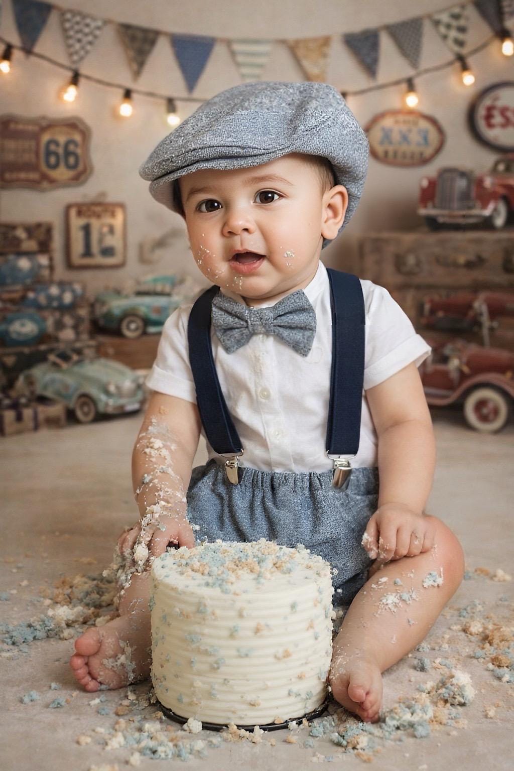 Customized Light denim sitter set - baby boy photo prop - baby clothes - vintage style - flat cap - cake smash outfit