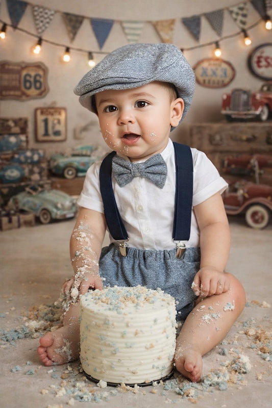 Customized Light denim sitter set - baby boy photo prop - baby clothes - vintage style - flat cap - cake smash outfit