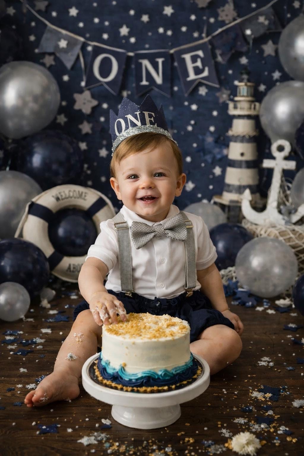 Smash Cake Outfit Boy Birthday Navy Blue and Gray Outfit 1, 2, 3 or 4 Piece Set Diaper Cover Tie Gray Suspenders Party Hat Bow Tie Bloomers