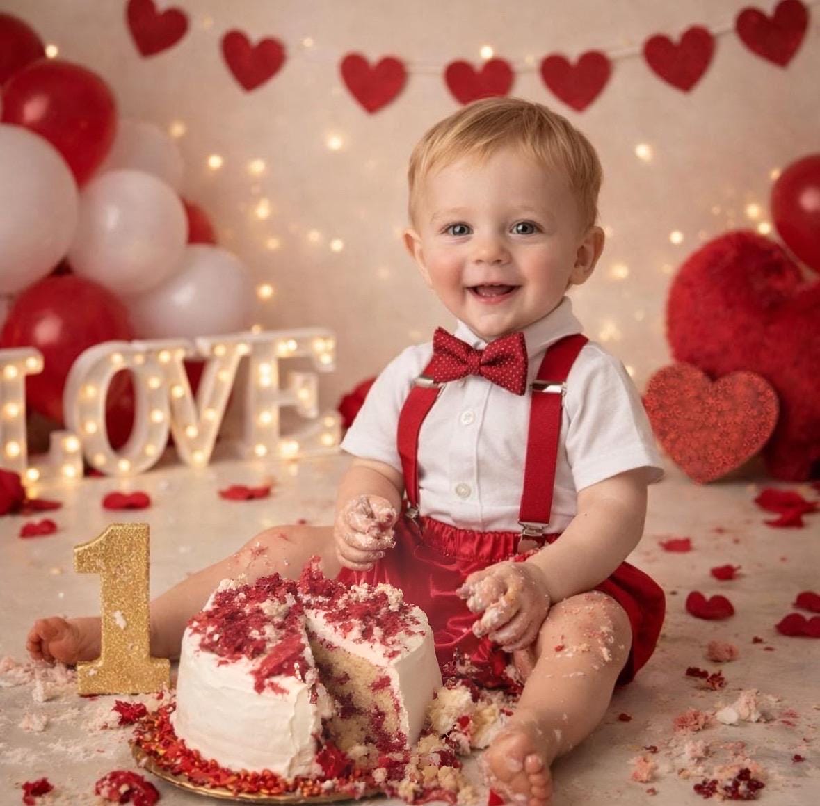 1st Birthday boy cake smash bow tie suspenders outfit 12 mo Red White LOVE Valentine day Bow, bloomers, shorts,diaper cover