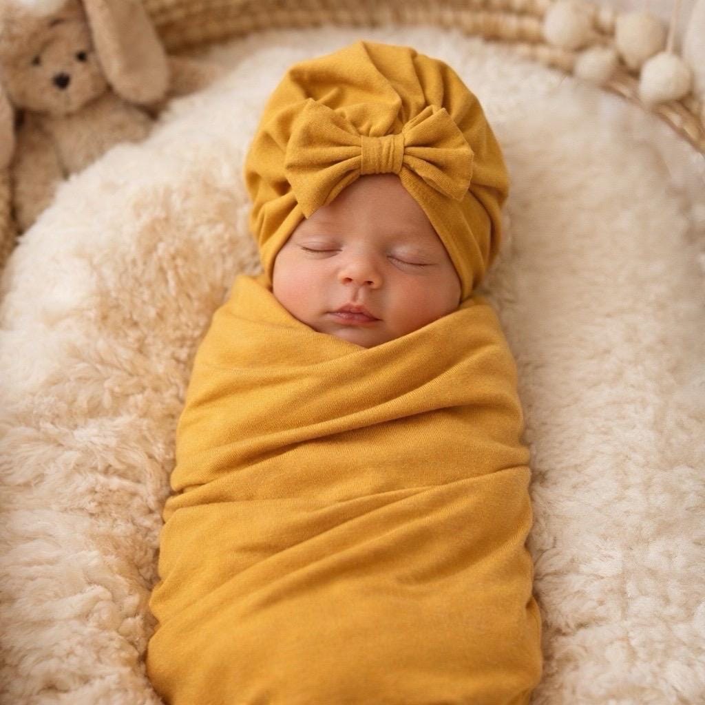 Newborn Swaddle Blanket Set, Stretchy Swaddle, Waffle Knit Swaddle, Mustard Swaddle, Gender Neutral Swaddle, Newborn Photo Prop