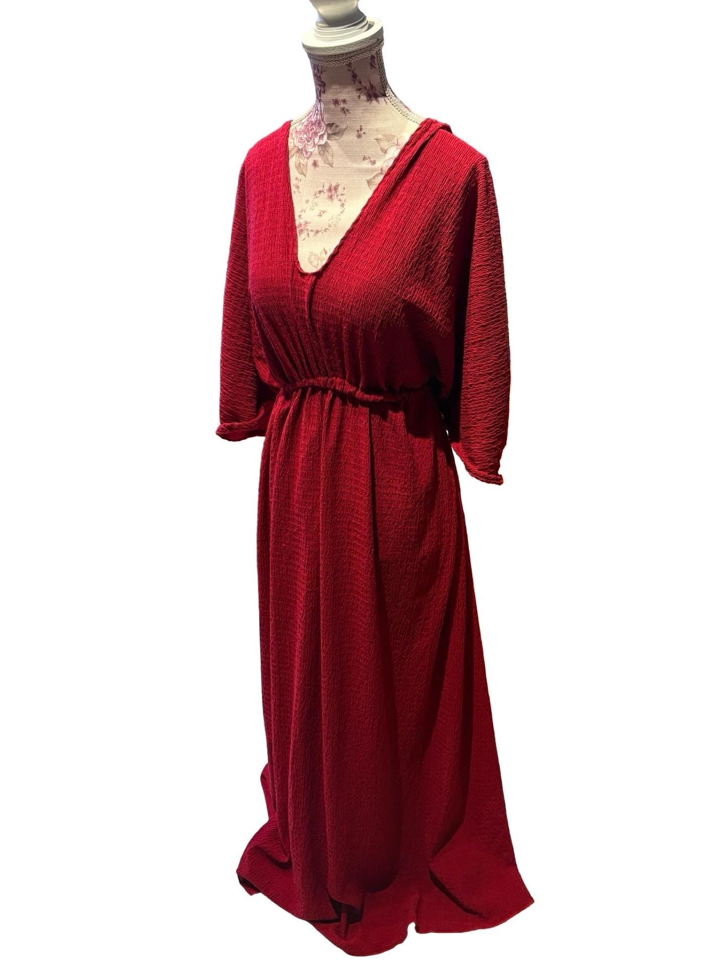 Empire Waist Dress | v neck goddess Dress in Red | crinkle knit | Ankle length flowing dress | boho summer valentine dress