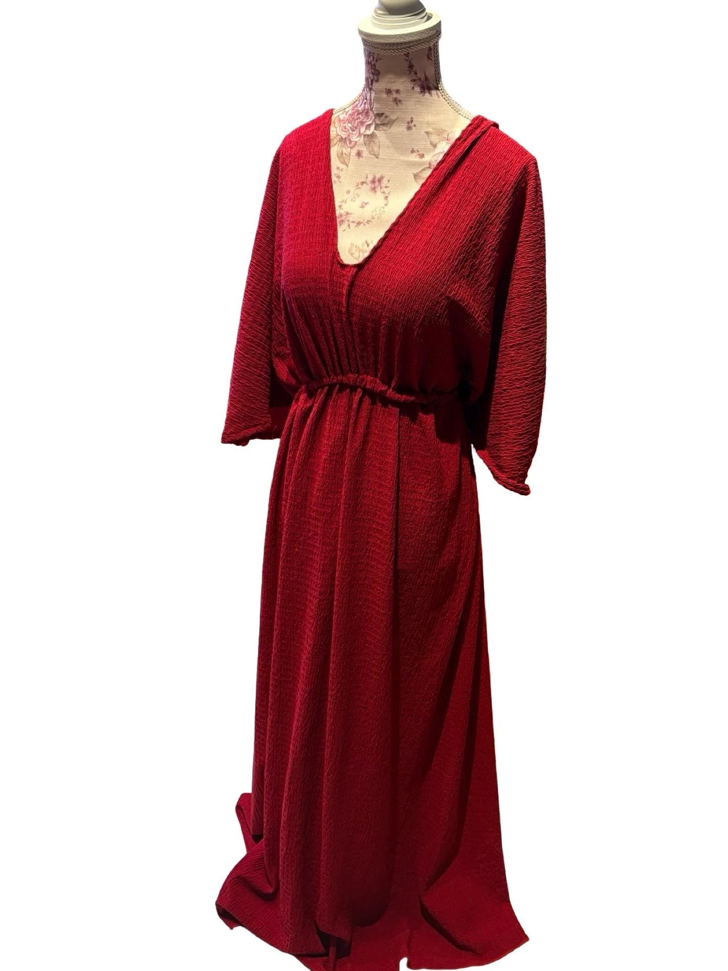 Empire Waist Dress | v neck goddess Dress in Red | crinkle knit | Ankle length flowing dress | boho summer valentine dress