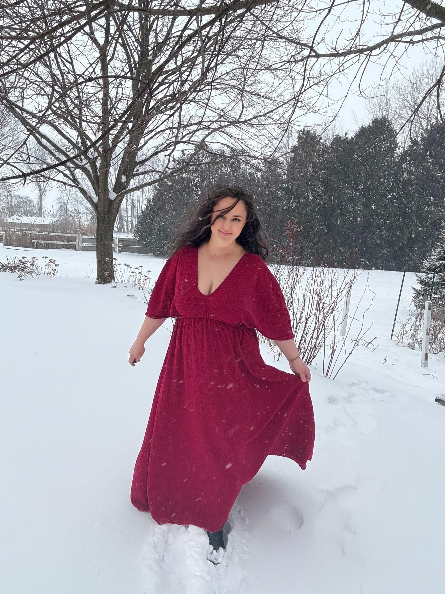 Empire Waist Dress | v neck goddess Dress in Red | crinkle knit | Ankle length flowing dress | boho summer valentine dress