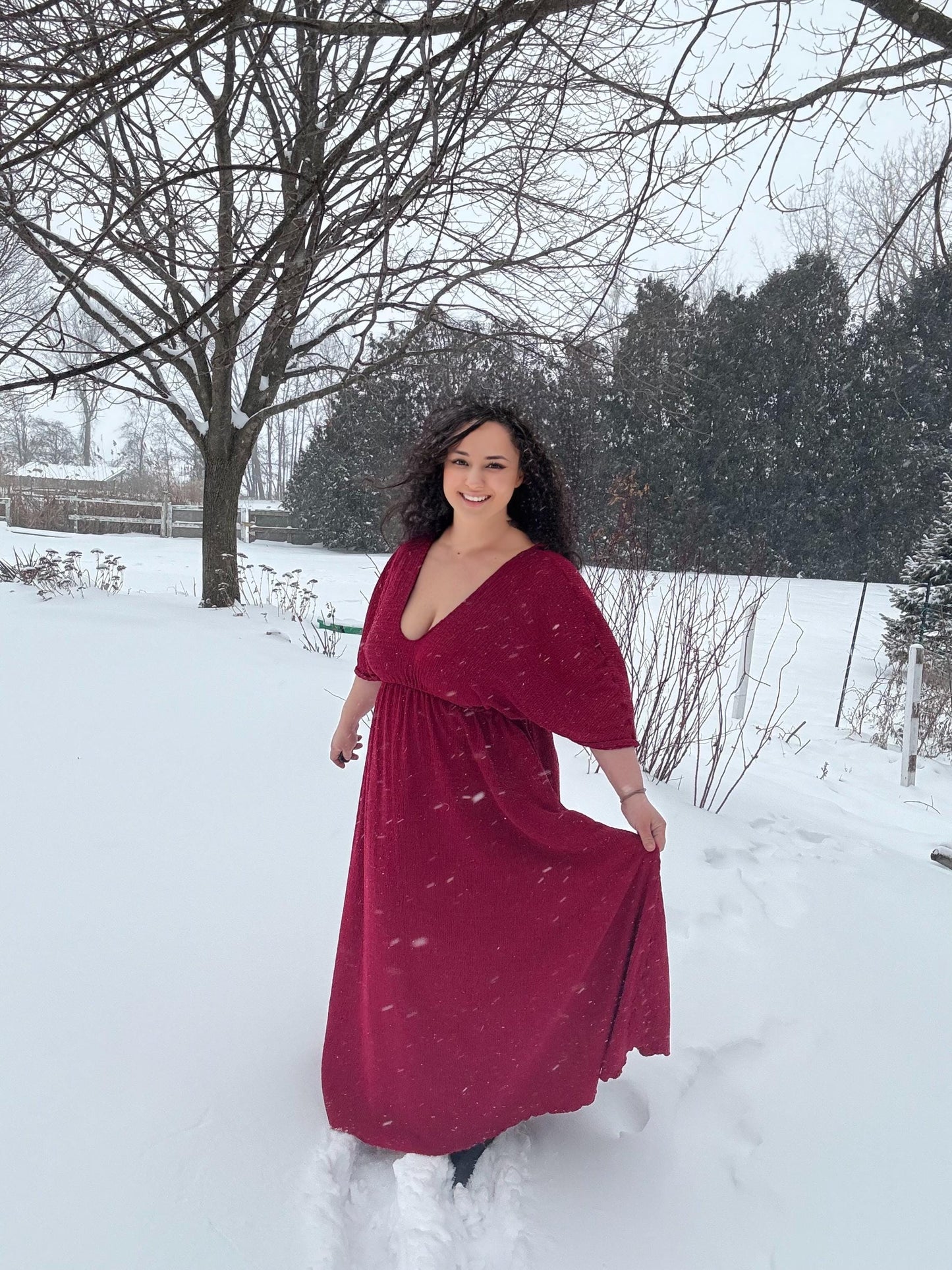 Empire Waist Dress | v neck goddess Dress in Red | crinkle knit | Ankle length flowing dress | boho summer valentine dress