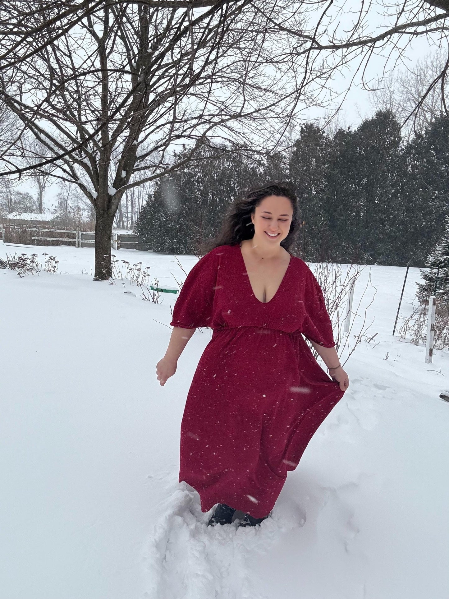 Empire Waist Dress | v neck goddess Dress in Red | crinkle knit | Ankle length flowing dress | boho summer valentine dress