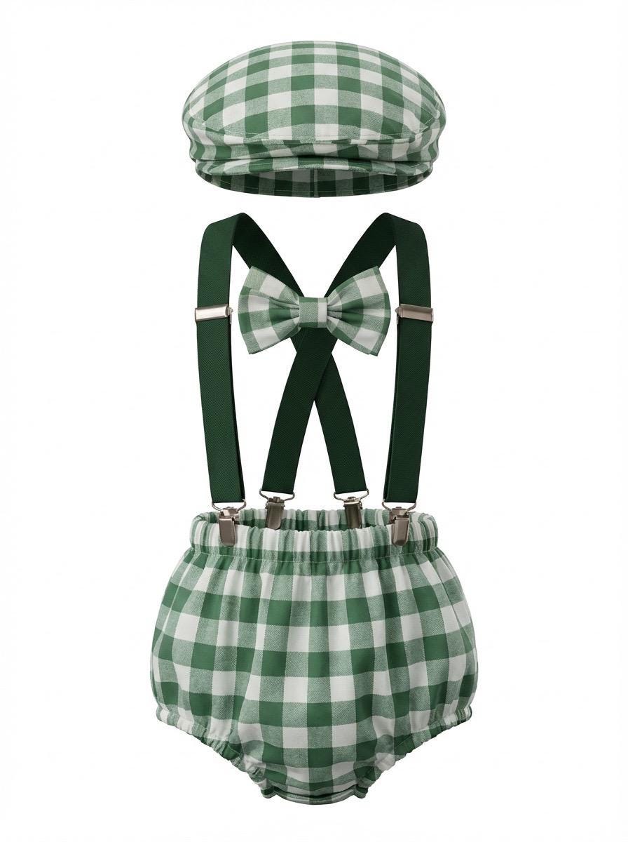 First Birthday Cake Smash Outfit Fall White Black plaid pumpkin Green checkered Diaper Cover bow Tie for Baby Checkered flat cap cake smash