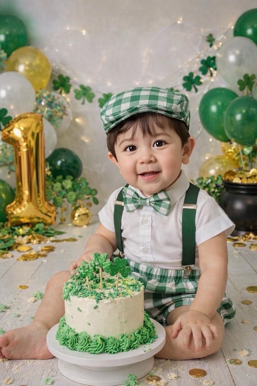 First Birthday Cake Smash Outfit Fall White Black plaid pumpkin Green checkered Diaper Cover bow Tie for Baby Checkered flat cap cake smash