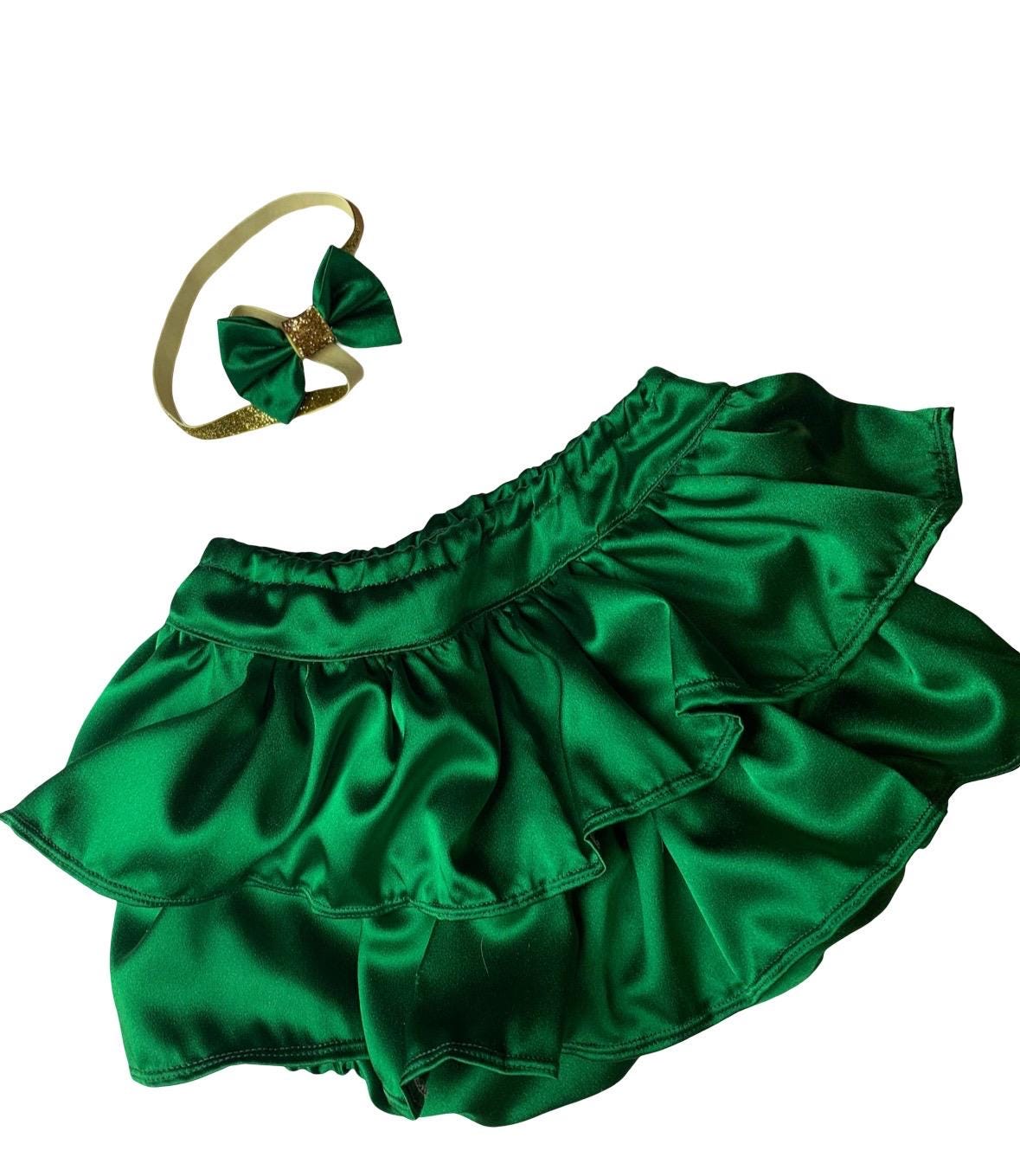 Headband bloomer set, lucky one cake smash, girl bloomer set, bow headband bloomer, emerald diaper cover, baby girl satin, bloomer girl set