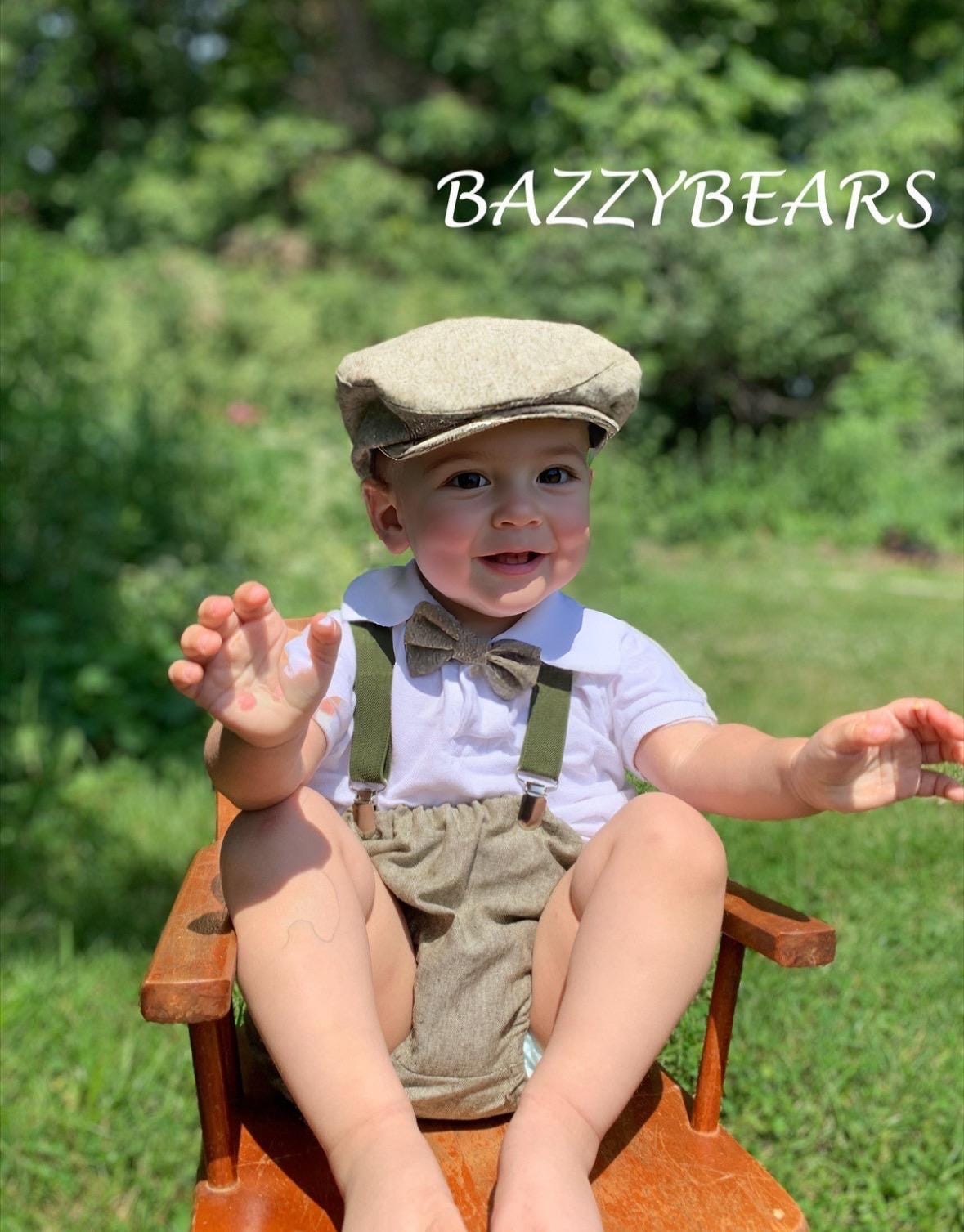 Olive denim sitter set - baby boy photo prop - baby clothes - vintage style - flat cap - cake smash outfit