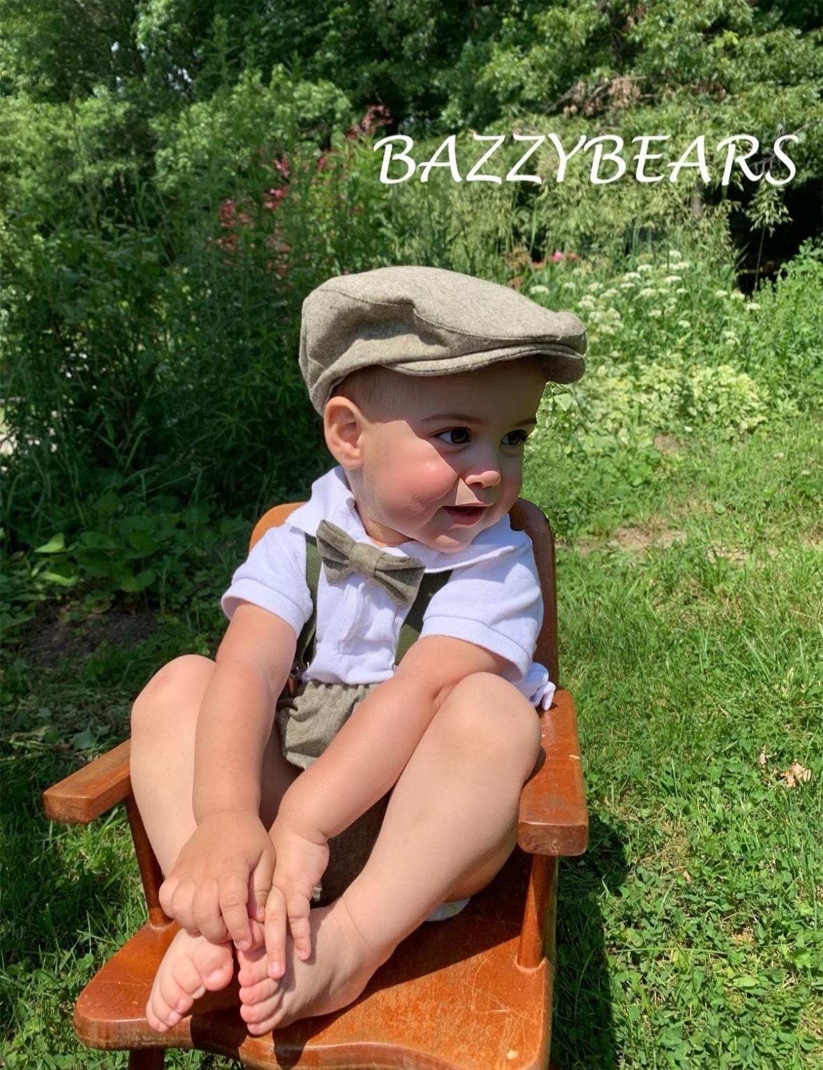 Olive denim sitter set - baby boy photo prop - baby clothes - vintage style - flat cap - cake smash outfit