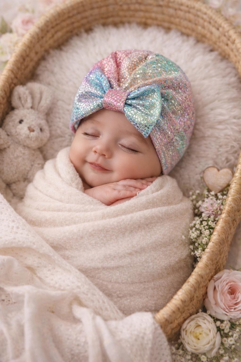 Rainbow baby turban bow hat, iridescent newborn hat with bow