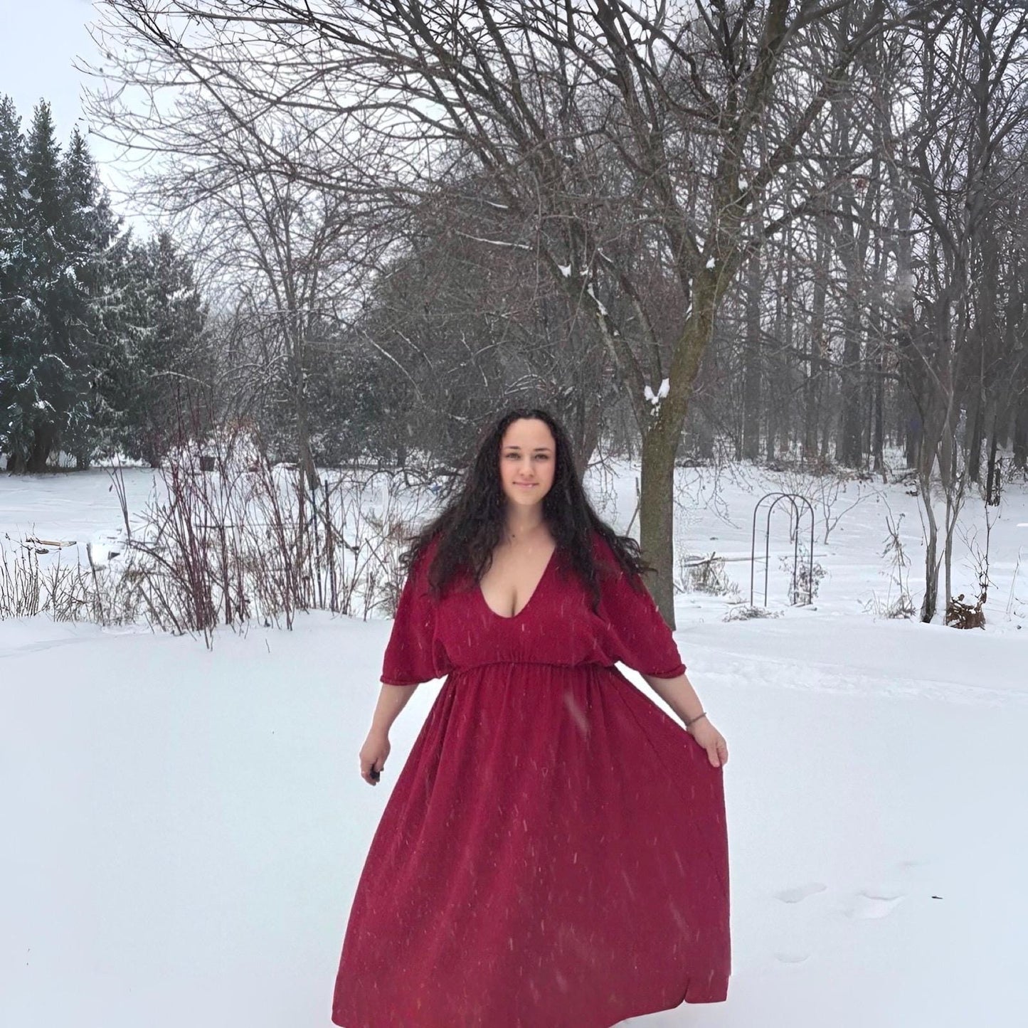 Empire Waist Dress | v neck goddess Dress in Red | crinkle knit | Ankle length flowing dress | boho summer valentine dress
