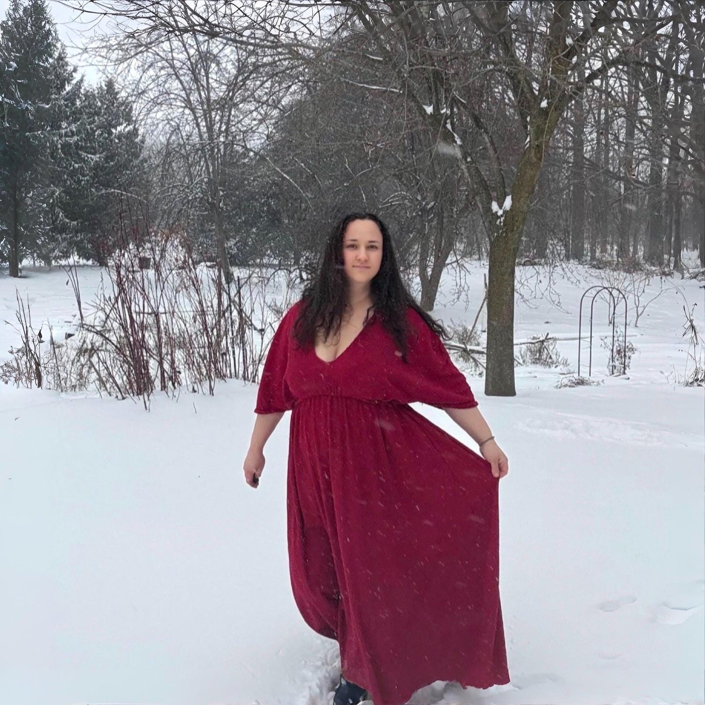 Empire Waist Dress | v neck goddess Dress in Red | crinkle knit | Ankle length flowing dress | boho summer valentine dress