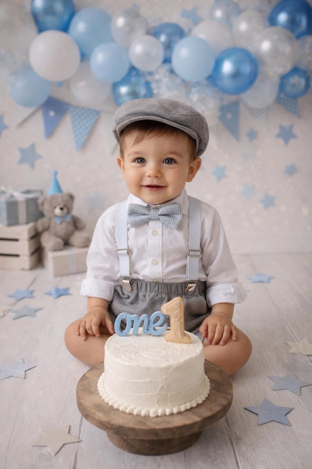 Light denim sitter set - baby boy photo prop - baby clothes - vintage style - flat cap - cake smash outfit