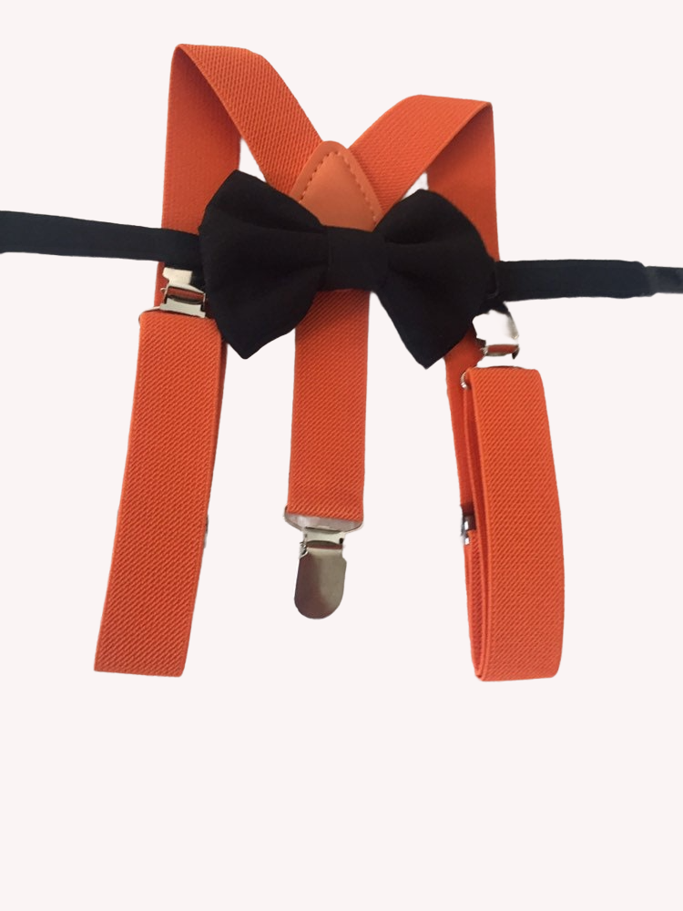 an orange suspender with a black bow tie