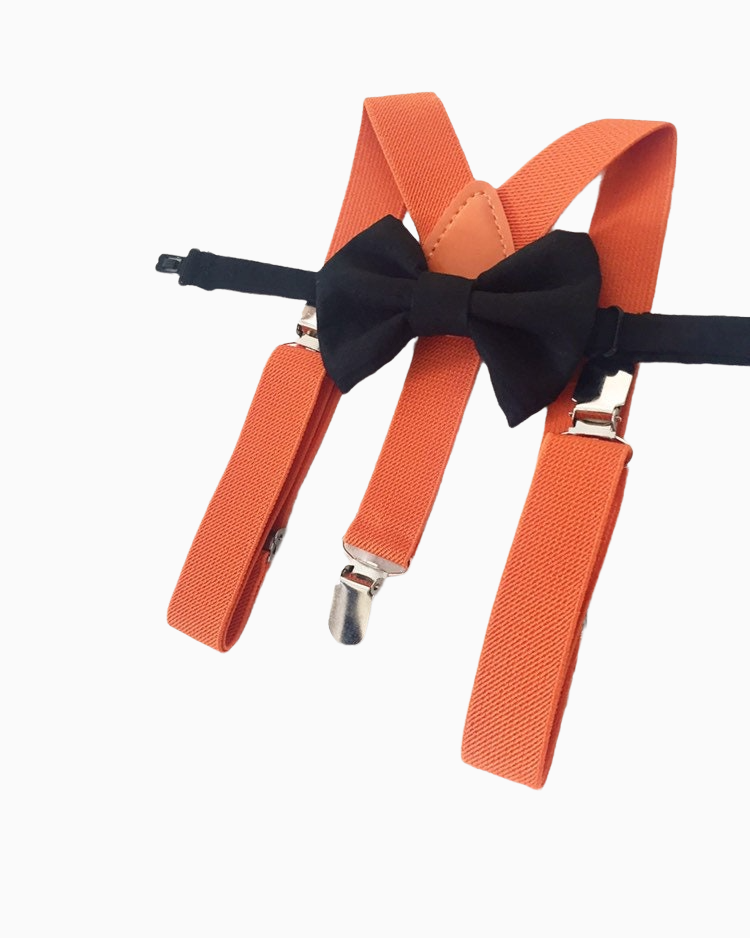 an orange suspender with a black bow tie