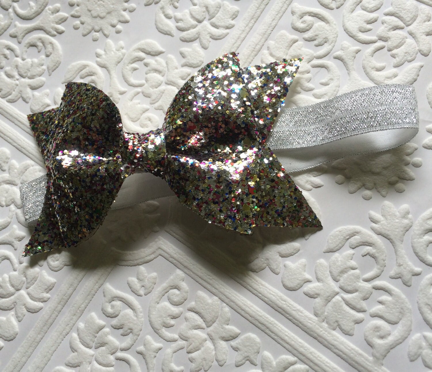 Silver bow headband, baby bow headband, sparkling bow headband, silver headband, silver baby headband, baby now headband, Christmas headband