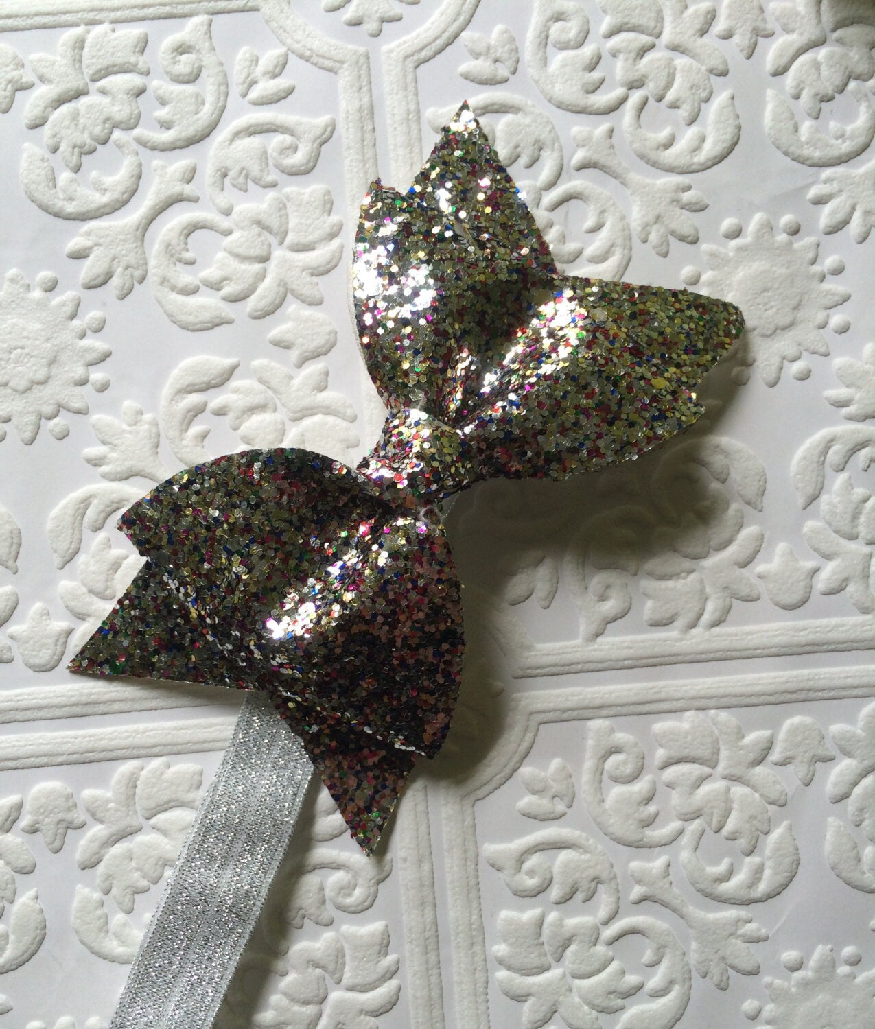Silver bow headband, baby bow headband, sparkling bow headband, silver headband, silver baby headband, baby now headband, Christmas headband