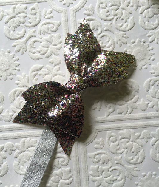 Silver bow headband, baby bow headband, sparkling bow headband, silver headband, silver baby headband, baby now headband, Christmas headband