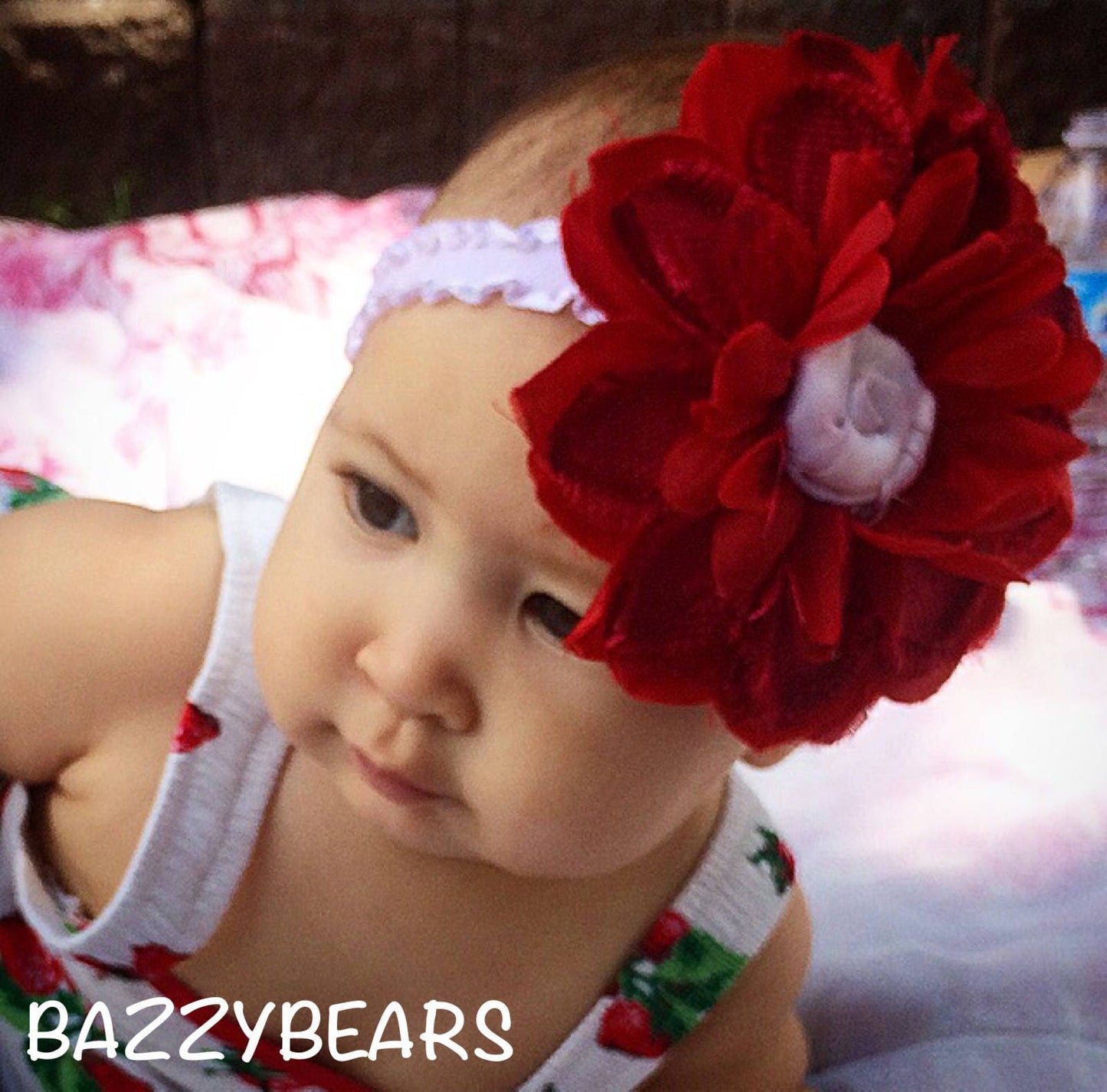 Red Christmas baby headband, rustic Christmas baby headband, red and white baby headband, fall baby headband, homey baby headband, flower
