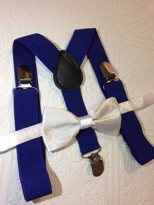 Baby suspenders, bow tie, white baby bow tie, baby bow tie, suspenders, blue suspenders set, wedding bow tie, satin bow tie, royal blue tie