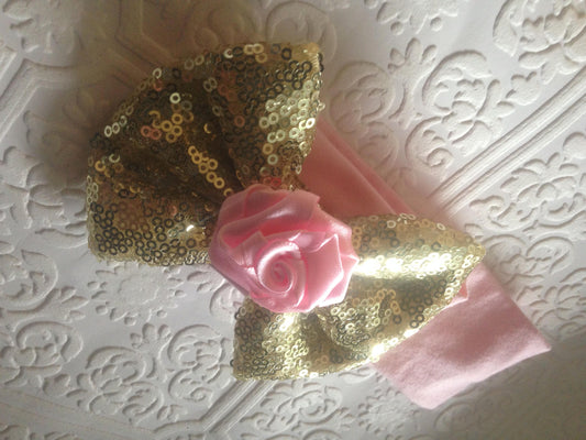 Gold bow headband, bow headband, gold headband, baby gold headband, Pink headband, baby headband, sparkling headband, pink and gold headband