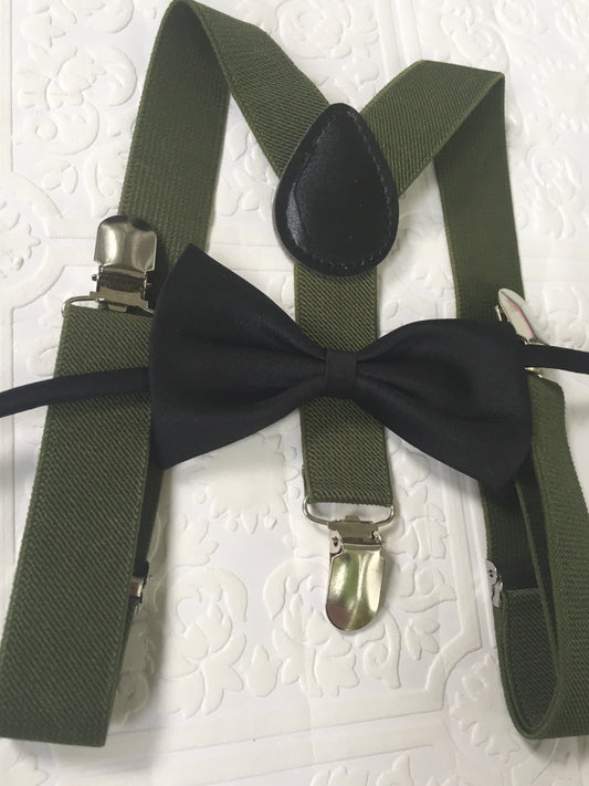 Baby suspenders, army green baby suspenders, toddler suspenders, green suspenders, boy black bow tie, black bow tie, newborn bow tie