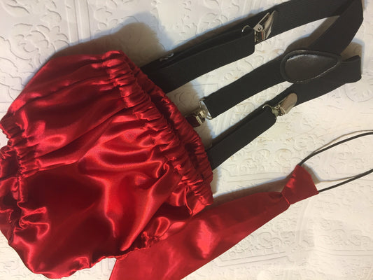 1st birthday bloomer, red bloomer, satin red bloomer, birthday bloomer, cake smash bloomer, black suspenders, diaper cover, Suspenders