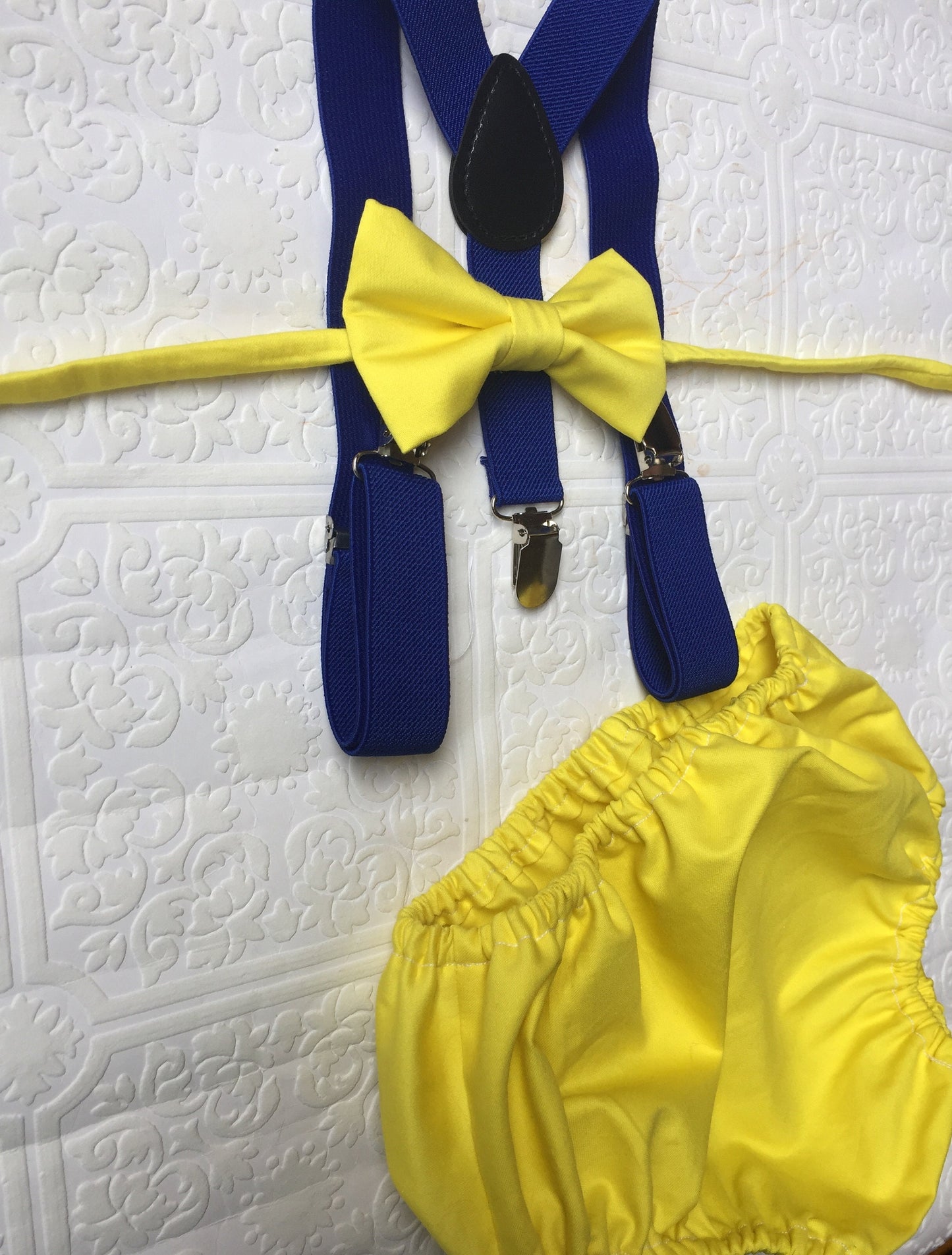 1st Birthday boy cake smash diaper cover bow tie Suspenders Blue yellow bloomers Bow tie
