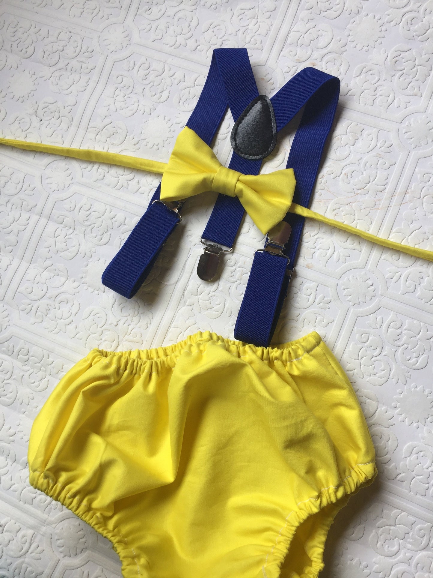 1st Birthday boy cake smash diaper cover bow tie Suspenders Blue yellow bloomers Bow tie