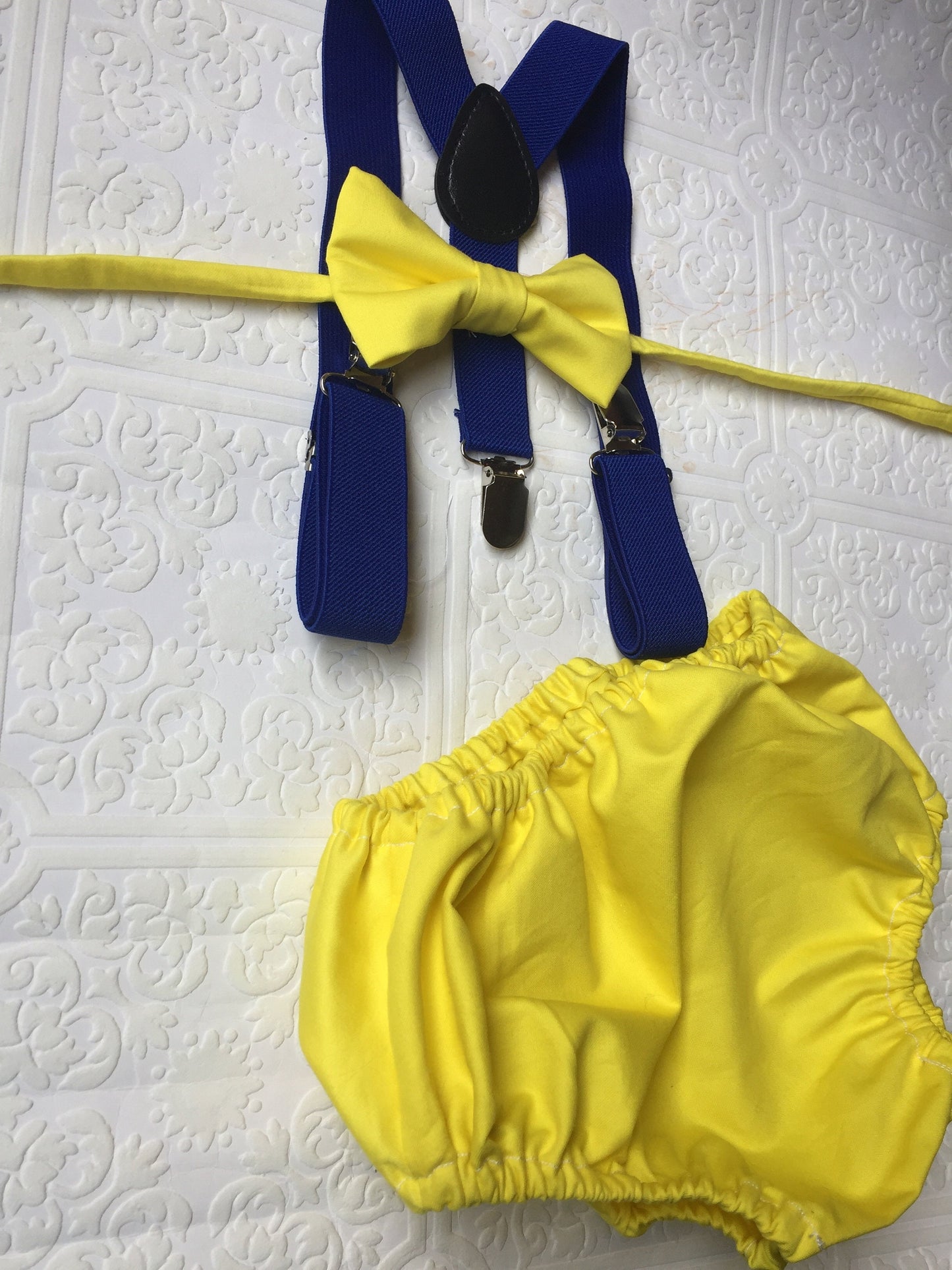 1st Birthday boy cake smash diaper cover bow tie Suspenders Blue yellow bloomers Bow tie