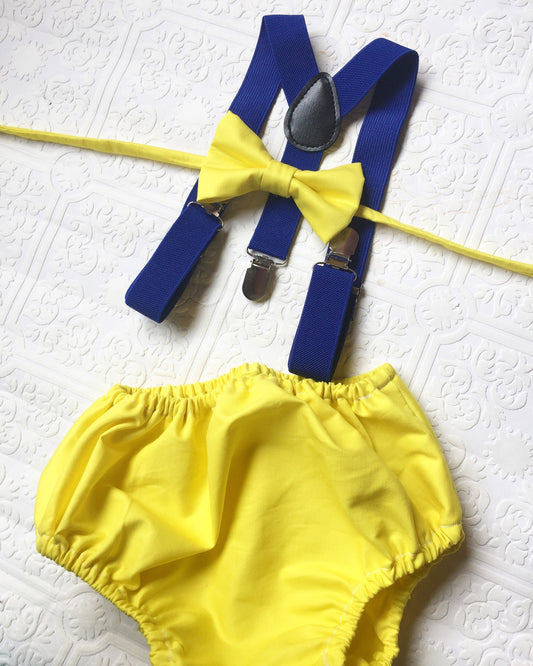 1st Birthday boy cake smash diaper cover bow tie Suspenders Blue yellow bloomers Bow tie