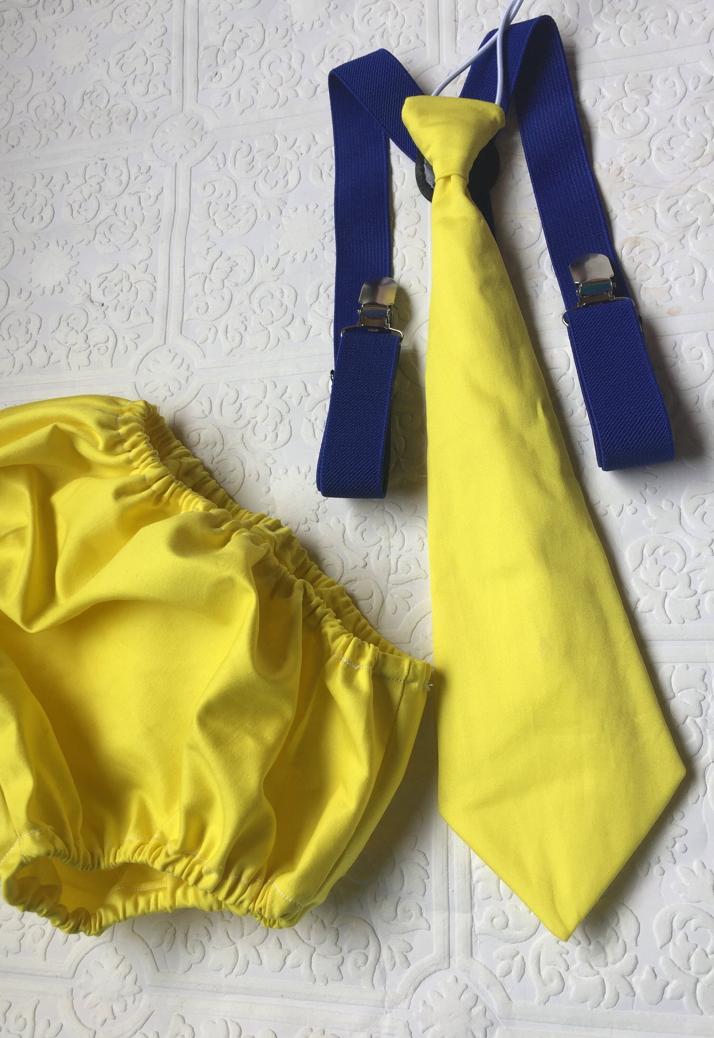 1st Birthday boy cake smash diaper cover tie Suspenders Blue yellow bloomers tie, baby tie, first birthday outfit, bloomers set, nemo
