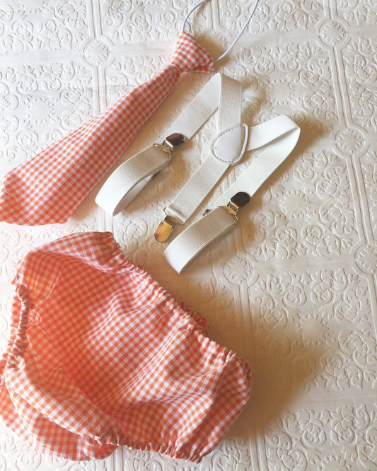 Suspenders outfit Baby boy suspender bloomers 1st birthday outfit Cake smash outfit orange striped linen bloomers Pumpkin Photo, baby tie