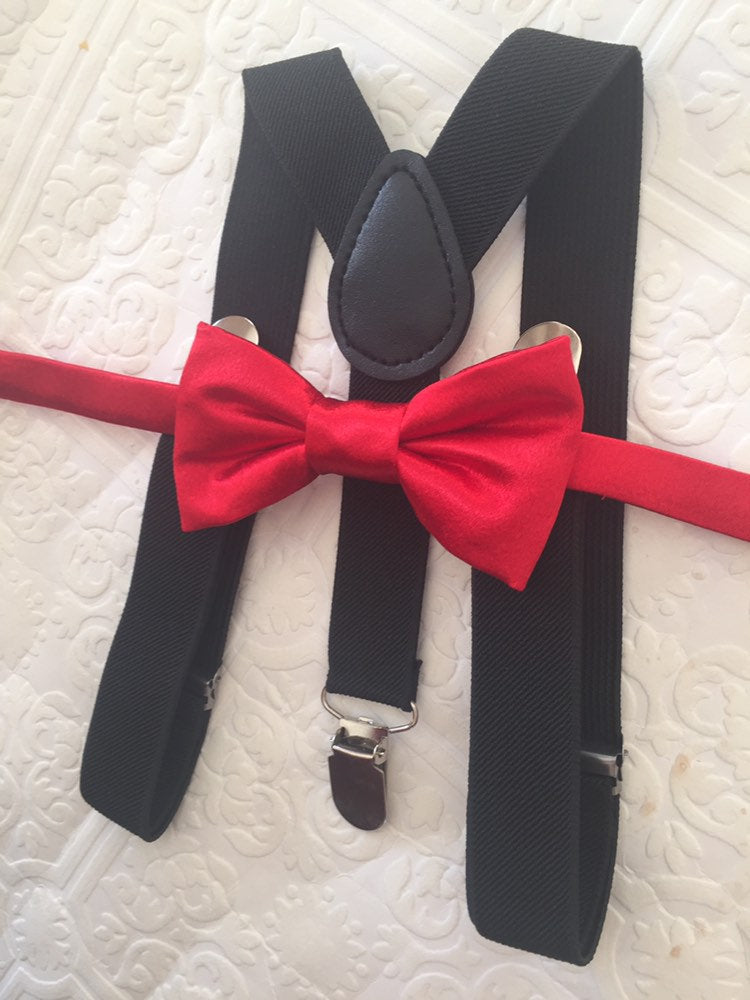 Red bow tie and black suspenders set, Christmas bowtie and suspenders, red satin boy's bow tie, toddler suspenders, kid's suspenders