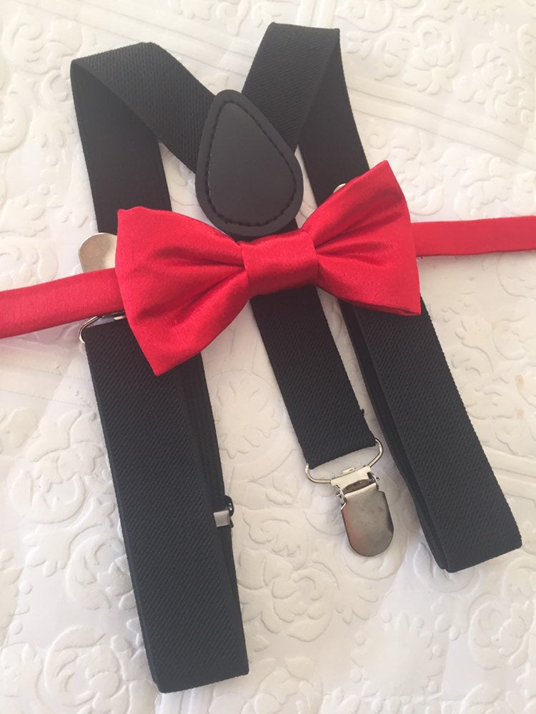 Red bow tie and black suspenders set, Christmas bowtie and suspenders, red satin boy's bow tie, toddler suspenders, kid's suspenders