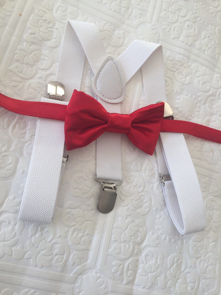 Bow Tie and Suspender Set, white Suspenders, boy Suspenders, baby Suspender Bow Tie, David's Bridal Apple Red suspenders, Apple Red bow tie