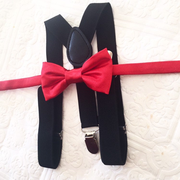 Red bow tie and black suspenders set, Christmas bowtie and suspenders, red satin boy's bow tie, toddler suspenders, kid's suspenders