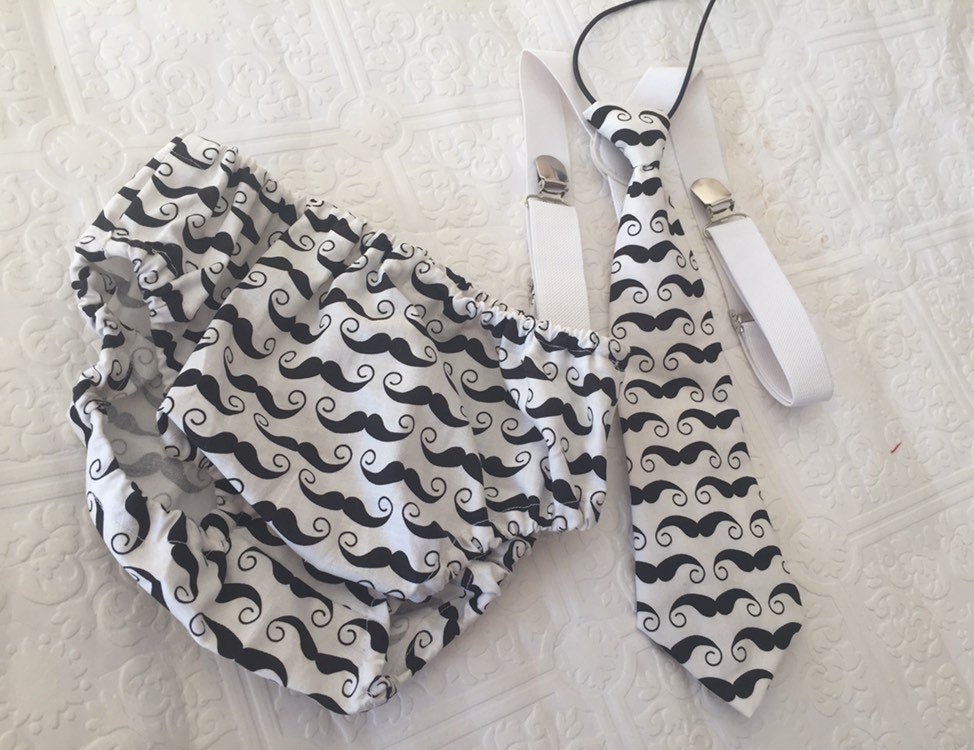 Black & White Moustache 3 Piece Cake Smash Outfit - First Birthday Set Mr Onederful Cake Smash Boy Outfit, Black Diaper Cover, suspenders