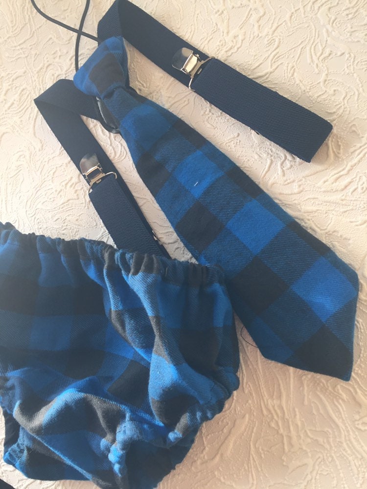 Boys Cake Smash Outfit - blue Black Plaid - Buffalo Plaid - Lumberjack First Birthday Outfit - Diaper Cover, Tie & Birthday bloomers