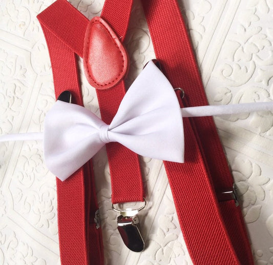White linen bow tie and red suspenders for a boy, bow tie and suspenders set for men, christmas gift for baby boys, kids wedding ring bearer