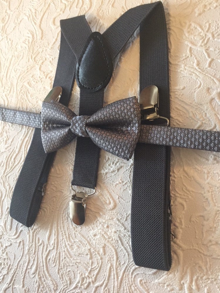 Bow Tie & Suspenders SET / Medium Gray Bow Tie / Medium Gray Suspenders / Kids boy Baby Wedding Page Boy Set from 6 - 5 year old set / grey