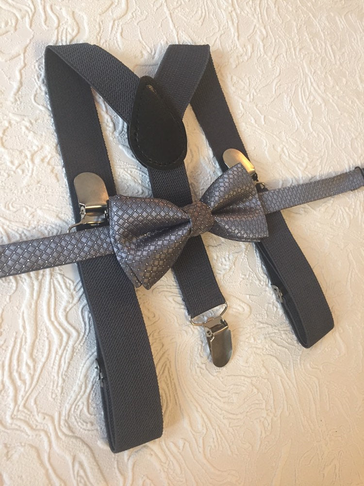 Bow Tie & Suspenders SET / Medium Gray Bow Tie / Medium Gray Suspenders / Kids boy Baby Wedding Page Boy Set from 6 - 5 year old set / grey