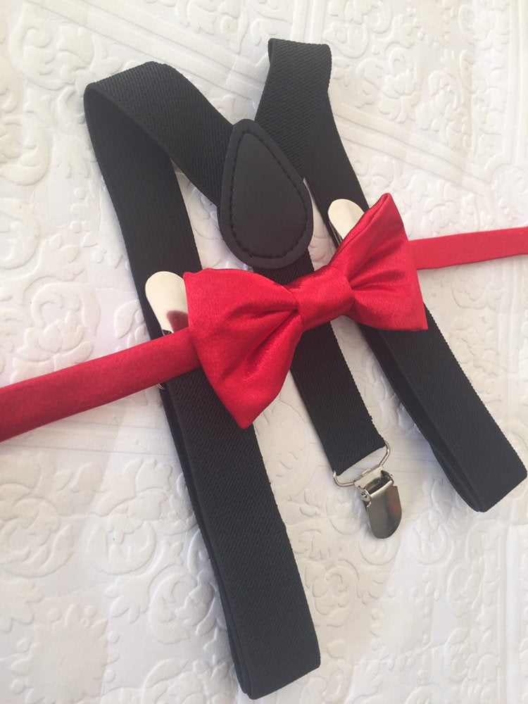 Red bow tie and black suspenders set, Christmas bowtie and suspenders, red satin boy's bow tie, toddler suspenders, kid's suspenders