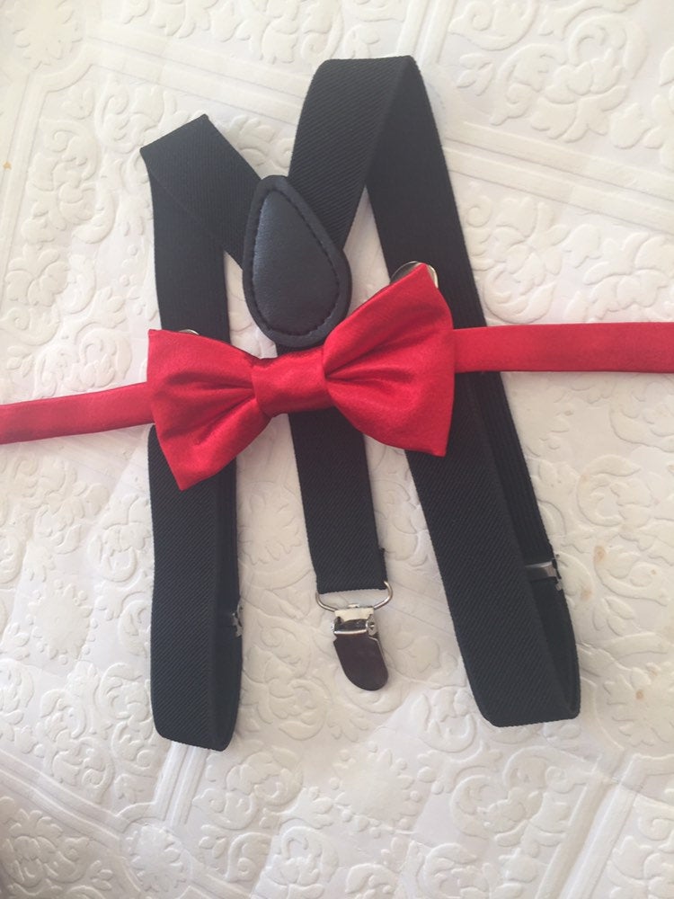 Red bow tie and black suspenders set, Christmas bowtie and suspenders, red satin boy's bow tie, toddler suspenders, kid's suspenders